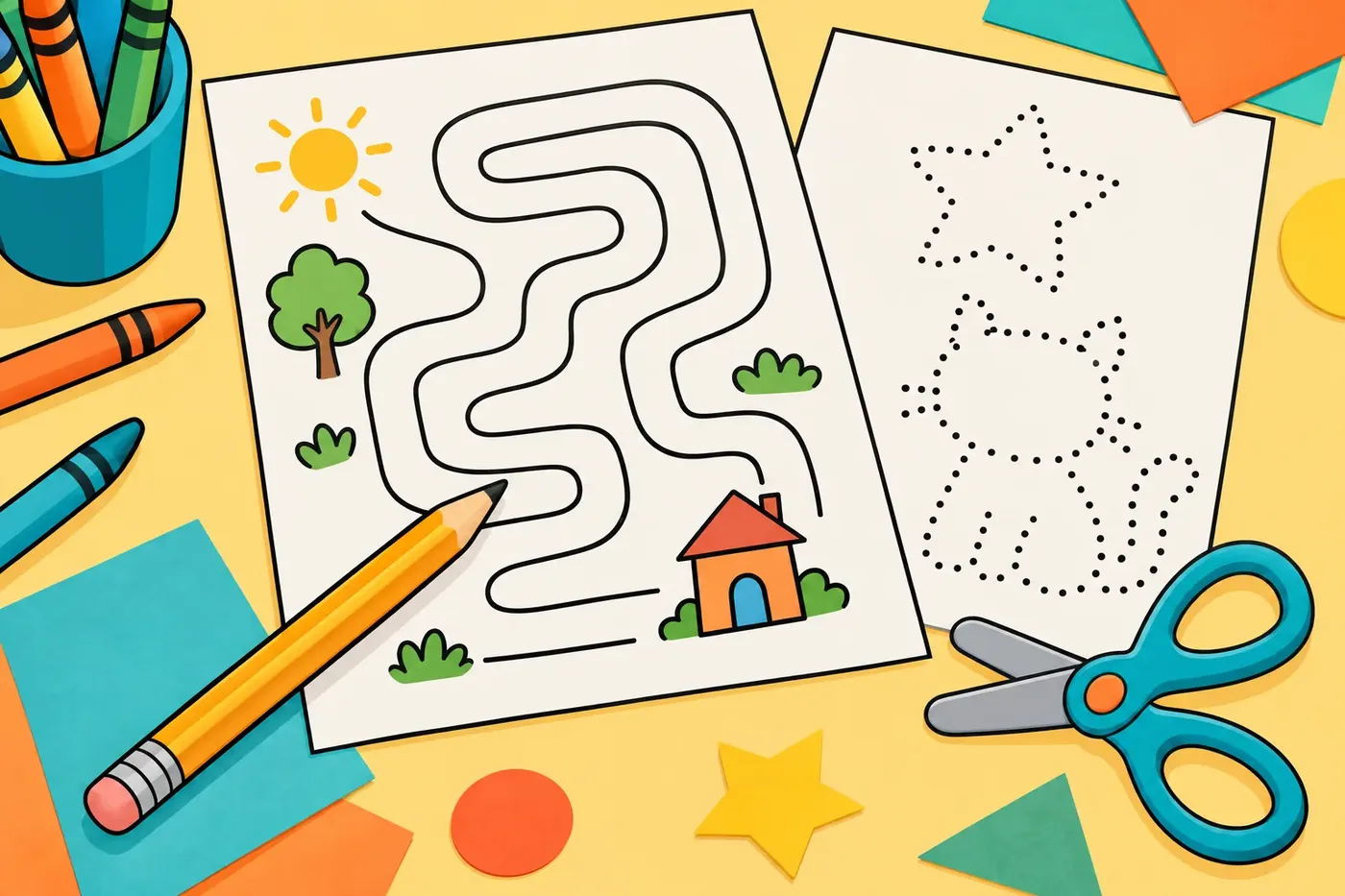 Illustration of a pencil tracing a maze and dot-to-dot activity sheet