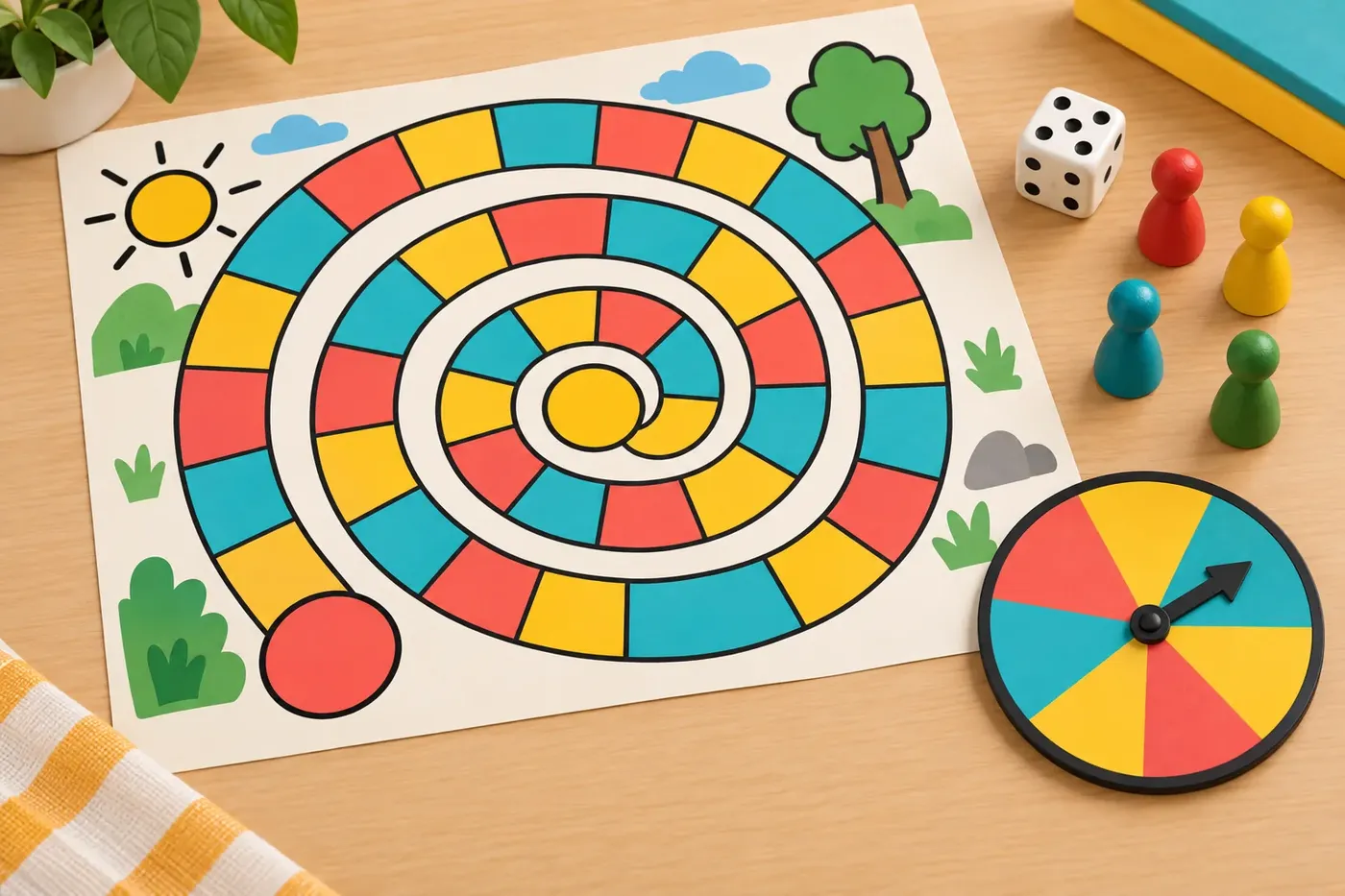 Illustration of a colorful tabletop board game with dice, a spinner, and game pieces