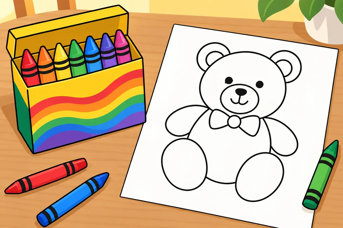 Illustration of crayons and a bold-outlined coloring page featuring toy shapes