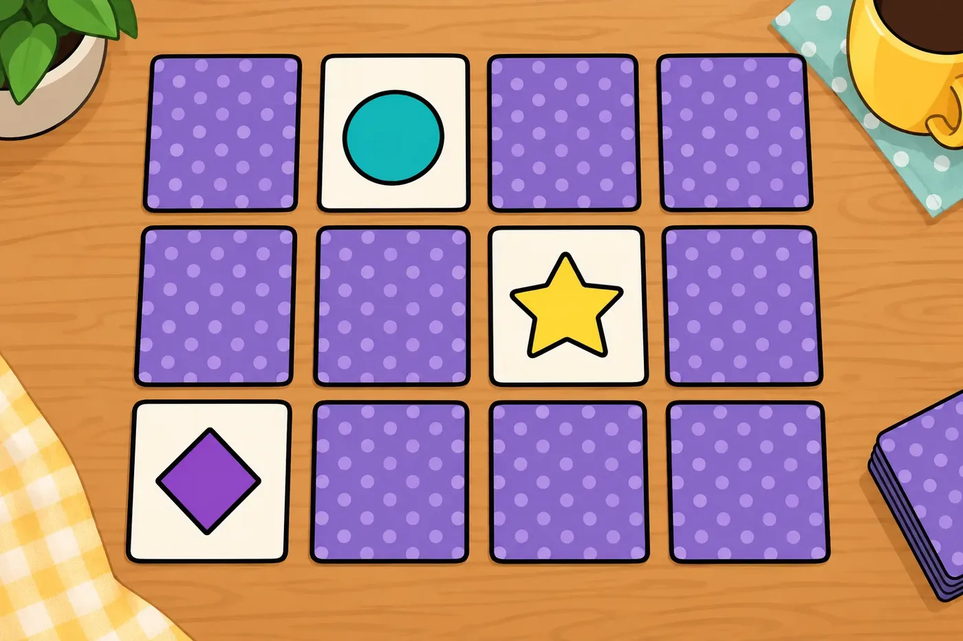 Illustration of a spread of matching memory cards face up and face down