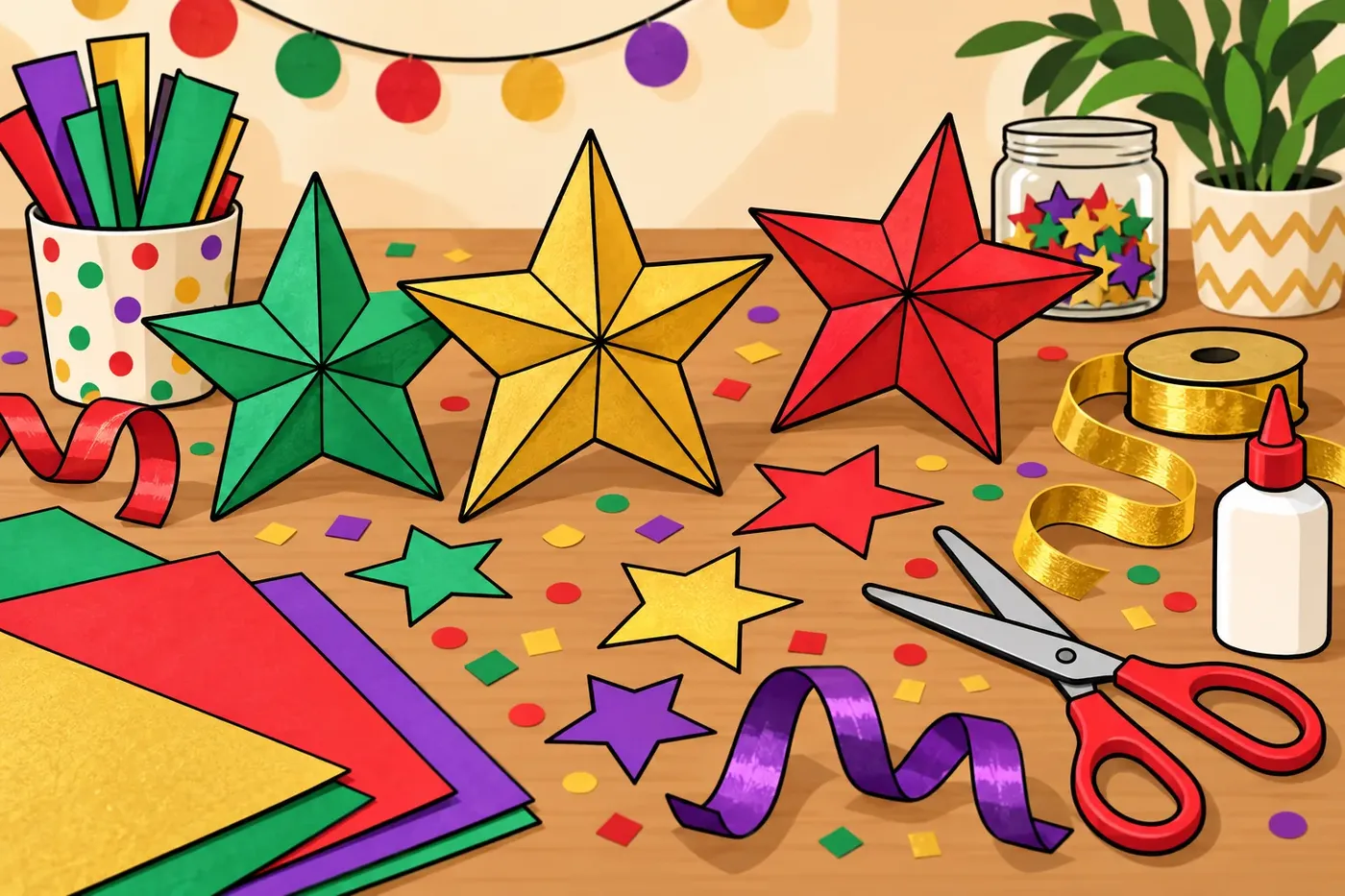 Illustration of holiday-themed paper decorations and a seasonal game sheet