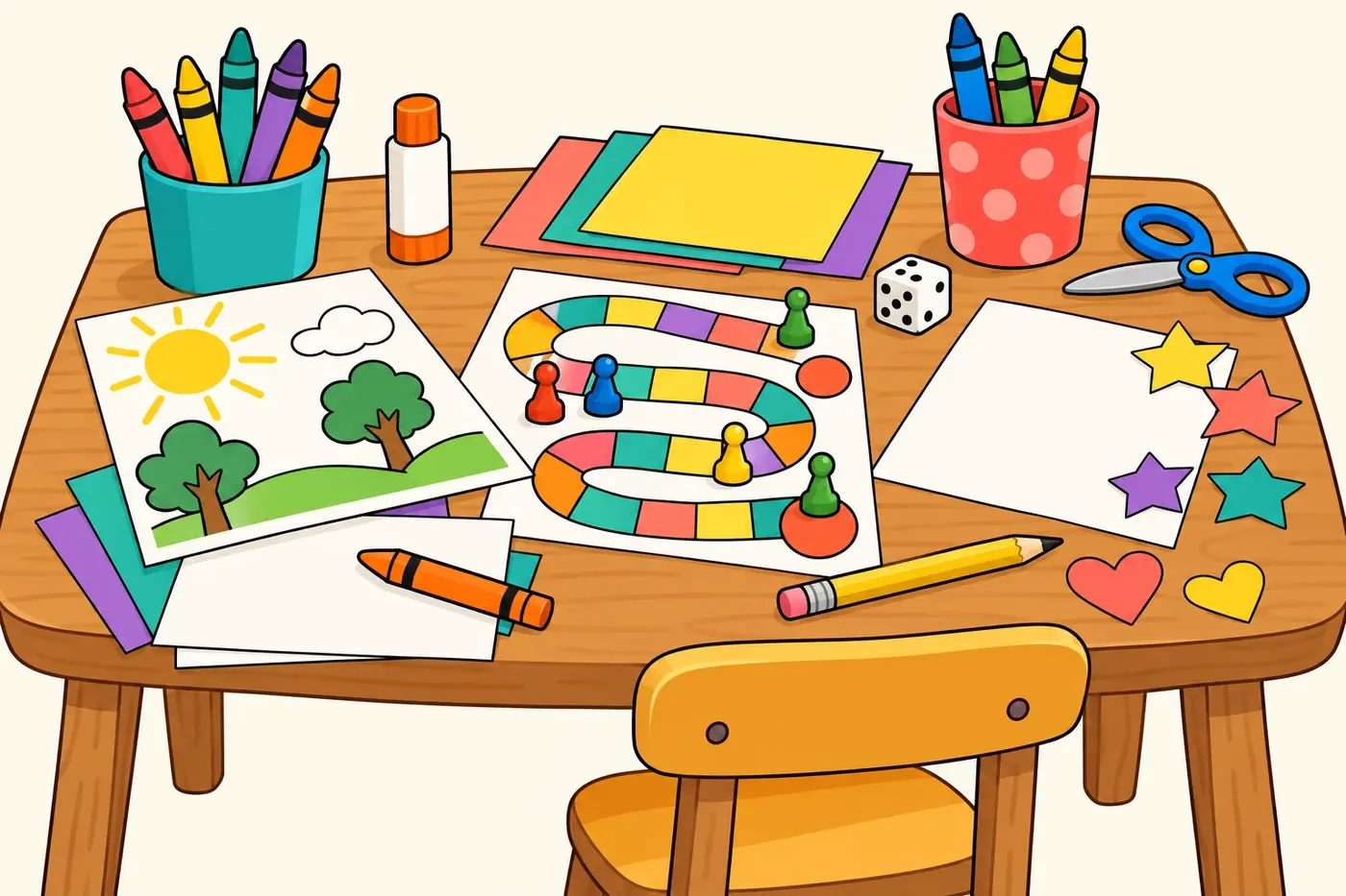 A bright craft table with printable board games, coloring pages, and paper activities laid out for kids to play